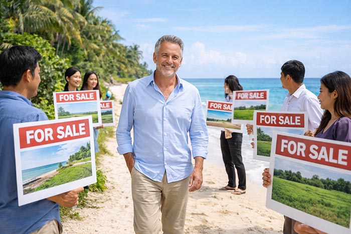 Can Foreigners Own Land in Thailand? A western man walking on a path along the beach and Thai people holding sign with land for sale