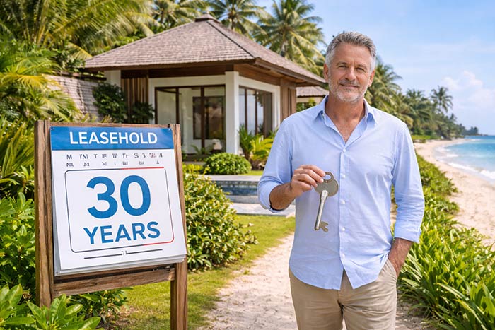 Leashold Thailand Explained Tropical villa near beach with man standing and a calendar / clock / 30 years sign
